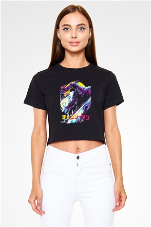 Chainsaw Man Baskılı Siyah Crop Top Kadın Tişört - Tshirt