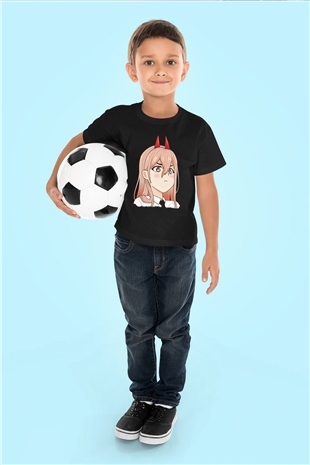 Chainsaw Man Baskılı Unisex Siyah Çocuk Tişört - Tshirt