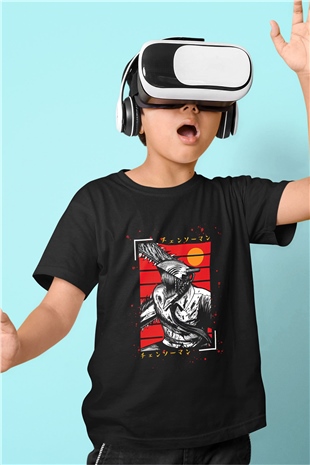 Chainsaw Man Baskılı Unisex Siyah Çocuk Tişört - Tshirt