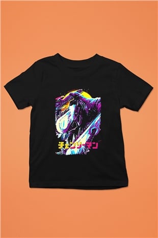 Chainsaw Man Baskılı Unisex Siyah Çocuk Tişört - Tshirt