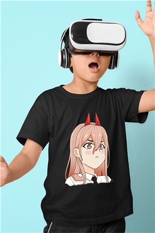 Chainsaw Man Baskılı Unisex Siyah Çocuk Tişört - Tshirt