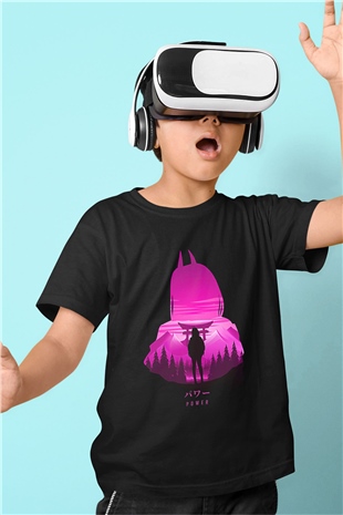 Chainsaw Man Baskılı Unisex Siyah Çocuk Tişört - Tshirt