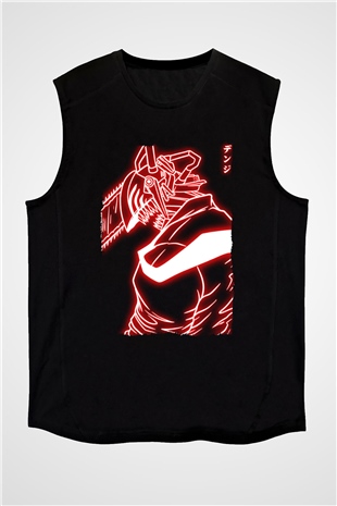 Chainsaw Man Baskılı Unisex Siyah Kolsuz Tişört - Tshirt