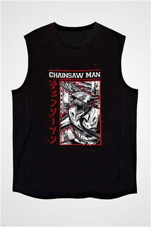 Chainsaw Man Baskılı Unisex Siyah Kolsuz Tişört - Tshirt