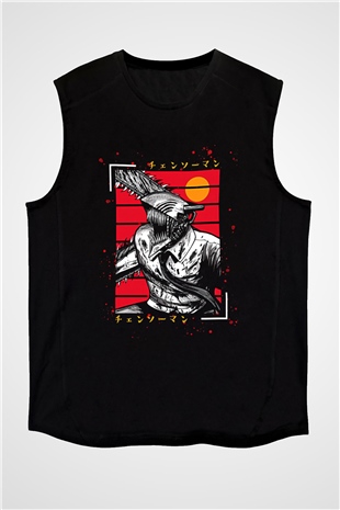 Chainsaw Man Baskılı Unisex Siyah Kolsuz Tişört - Tshirt