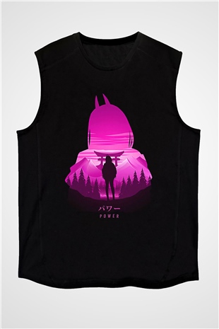 Chainsaw Man Baskılı Unisex Siyah Kolsuz Tişört - Tshirt