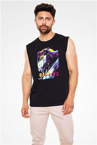Chainsaw Man Baskılı Unisex Siyah Kolsuz Tişört - Tshirt