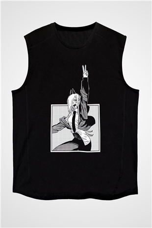 Chainsaw Man Baskılı Unisex Siyah Kolsuz Tişört - Tshirt