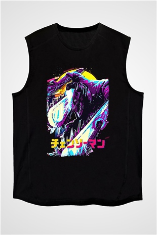Chainsaw Man Baskılı Unisex Siyah Kolsuz Tişört - Tshirt