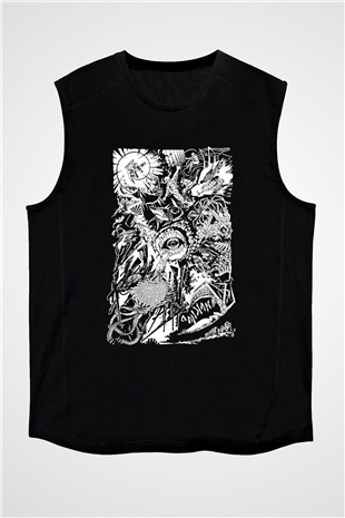 Chainsaw Man Baskılı Unisex Siyah Kolsuz Tişört - Tshirt