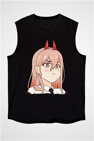 Chainsaw Man Baskılı Unisex Siyah Kolsuz Tişört - Tshirt