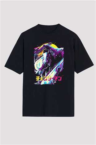 Chainsaw Man Baskılı Unisex Siyah Oversize Tişört - Tshirt