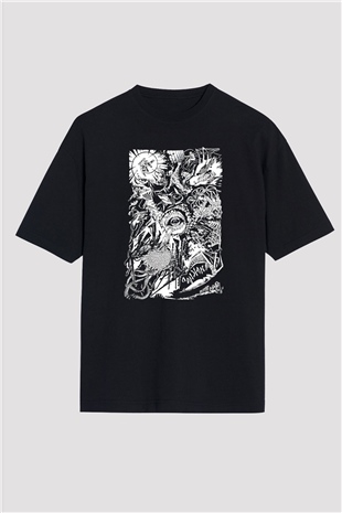 Chainsaw Man Baskılı Unisex Siyah Oversize Tişört - Tshirt