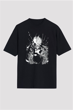 Chainsaw Man Baskılı Unisex Siyah Oversize Tişört - Tshirt