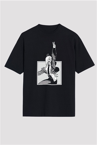 Chainsaw Man Baskılı Unisex Siyah Oversize Tişört - Tshirt