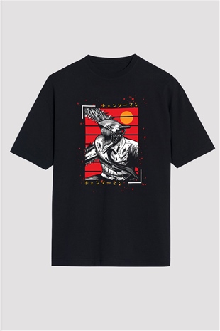 Chainsaw Man Baskılı Unisex Siyah Oversize Tişört - Tshirt