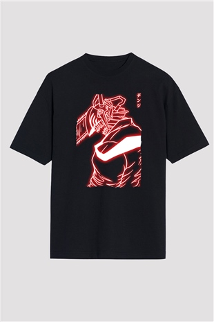 Chainsaw Man Baskılı Unisex Siyah Oversize Tişört - Tshirt