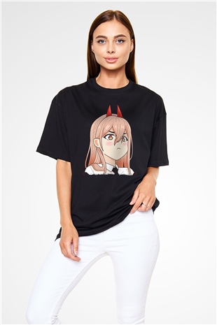 Chainsaw Man Baskılı Unisex Siyah Oversize Tişört - Tshirt