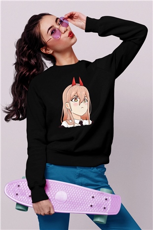 Chainsaw Man Baskılı Unisex Siyah Sweatshirt