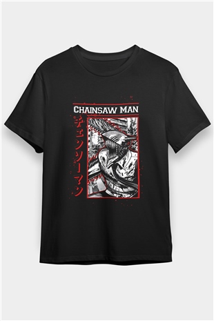 Chainsaw Man Baskılı Unisex Siyah Tişört - Tshirt