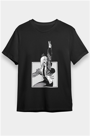 Chainsaw Man Baskılı Unisex Siyah Tişört - Tshirt