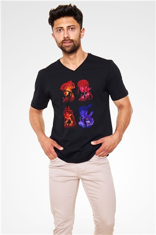 Chainsaw Man Baskılı Unisex Siyah V Yaka Tişört - Tshirt