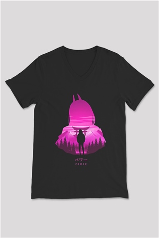 Chainsaw Man Baskılı Unisex Siyah V Yaka Tişört - Tshirt