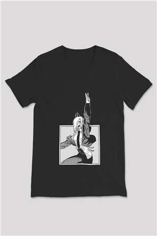 Chainsaw Man Baskılı Unisex Siyah V Yaka Tişört - Tshirt