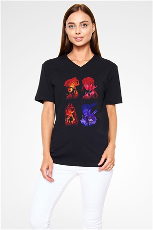 Chainsaw Man Baskılı Unisex Siyah V Yaka Tişört - Tshirt