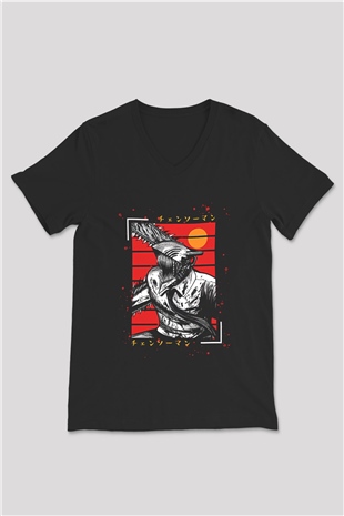 Chainsaw Man Baskılı Unisex Siyah V Yaka Tişört - Tshirt