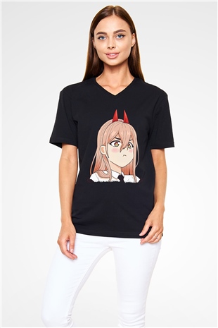 Chainsaw Man Baskılı Unisex Siyah V Yaka Tişört - Tshirt