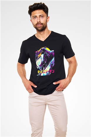 Chainsaw Man Baskılı Unisex Siyah V Yaka Tişört - Tshirt