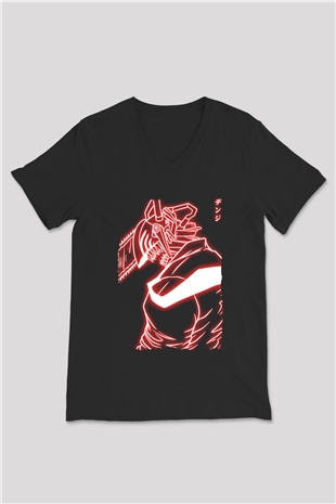 Chainsaw Man Baskılı Unisex Siyah V Yaka Tişört - Tshirt
