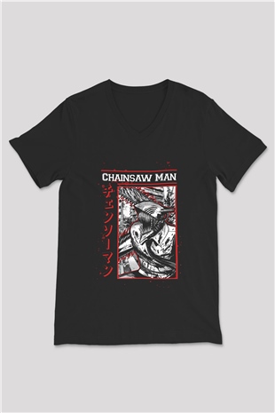 Chainsaw Man Baskılı Unisex Siyah V Yaka Tişört - Tshirt