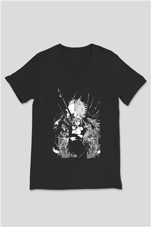 Chainsaw Man Baskılı Unisex Siyah V Yaka Tişört - Tshirt