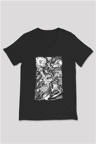 Chainsaw Man Baskılı Unisex Siyah V Yaka Tişört - Tshirt