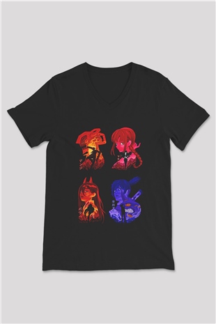 Chainsaw Man Baskılı Unisex Siyah V Yaka Tişört - Tshirt