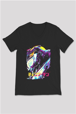 Chainsaw Man Baskılı Unisex Siyah V Yaka Tişört - Tshirt