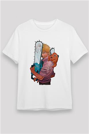 Chainsaw Man Unisex Baskılı Beyaz Tişört - Tshirt