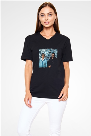 Chainsmokers Baskılı Unisex Siyah V Yaka Tişört
