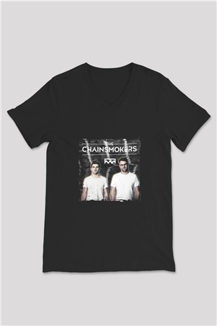Chainsmokers Baskılı Unisex Siyah V Yaka Tişört