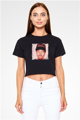Chance The Rapper Baskılı Crop Top Siyah Kadın Tişört