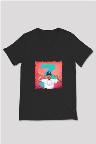 Chance The Rapper Baskılı Unisex Siyah V Yaka Tişört