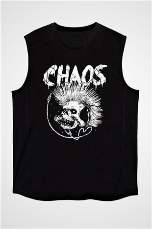 Chaos UK Baskılı Unisex Siyah Kolsuz Tişört - Tshirt