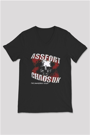 Chaos UK Baskılı Unisex Siyah V Yaka Tişört - Tshirt