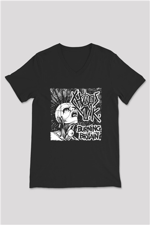 Chaos UK Baskılı Unisex Siyah V Yaka Tişört - Tshirt