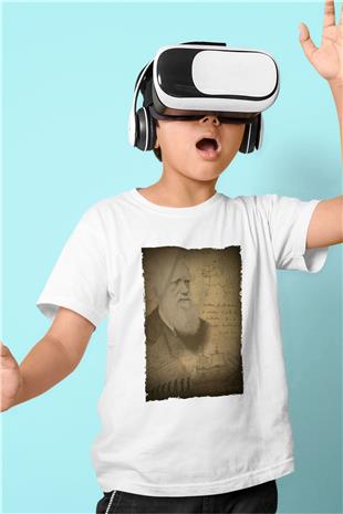 Charles Darwin Baskılı Unisex Beyaz Çocuk Tişörtü - Tshirt