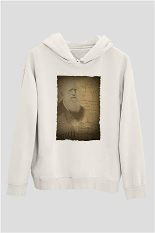 Charles Darwin Baskılı Unisex Ekru Hoodie