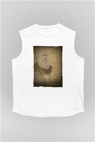 Charles Darwin Baskılı Unisex Kolsuz Beyaz Tişört - Tshirt