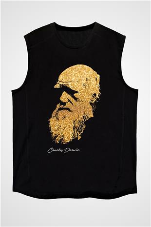 Charles Darwin Baskılı Unisex Kolsuz Siyah Tişört - Tshirt